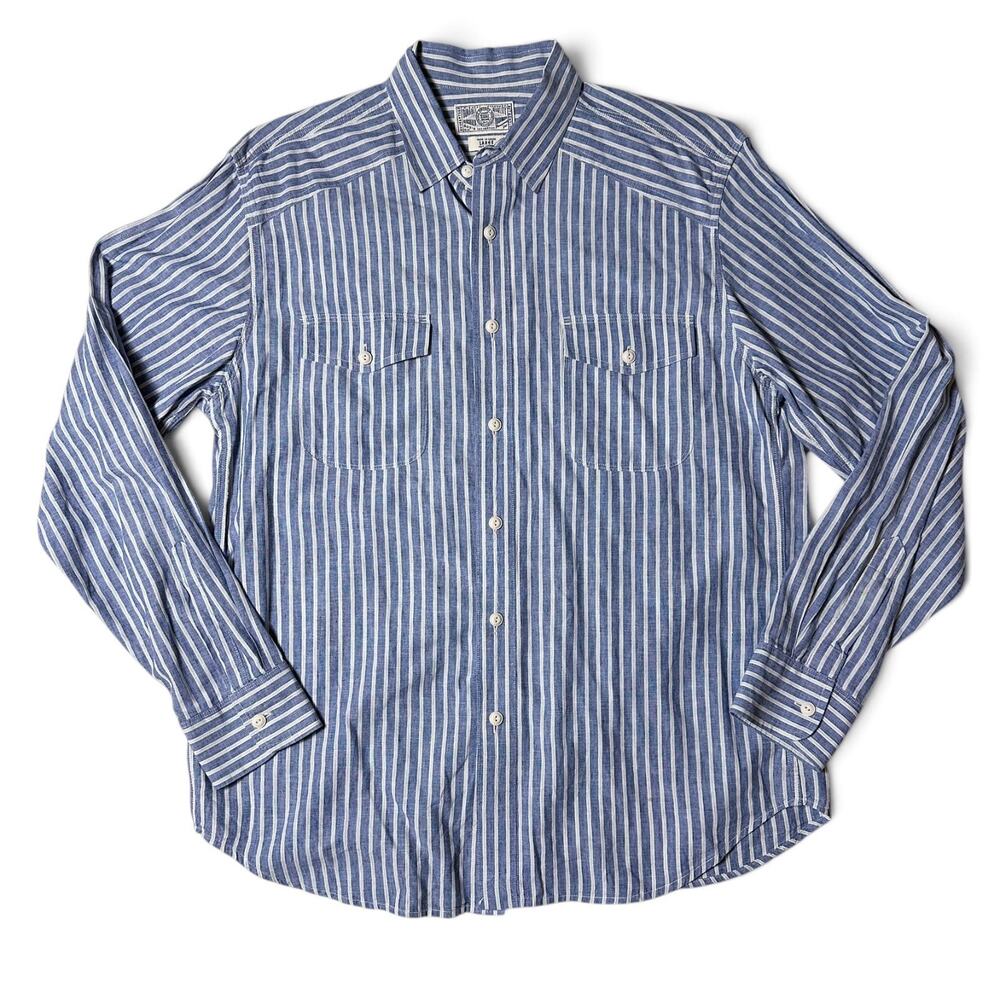 Lucky Brand Linen Blend Chambray Shirt Mens Size L Blue Railroad Stripe LS